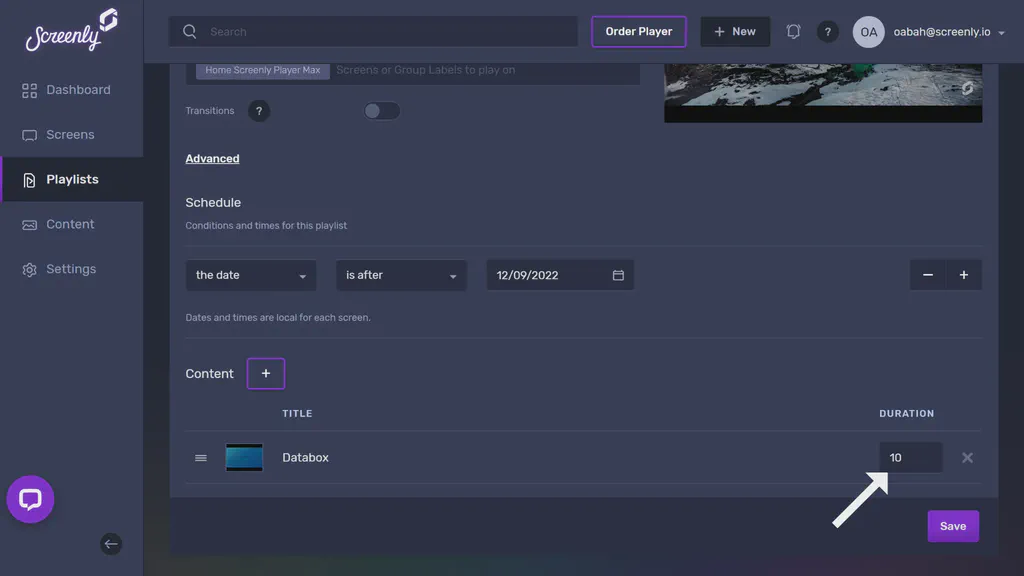 The popup modal to set the duration for the Databox databoard content in the playlist