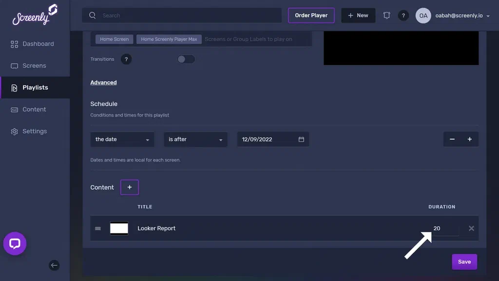 The popup modal to set the duration for the Looker dashboard content in the playlist