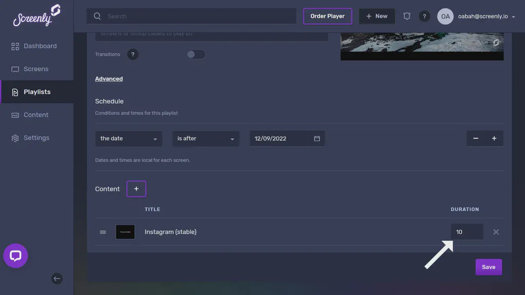 The popup modal to set the duration for the Instagram content in the playlist