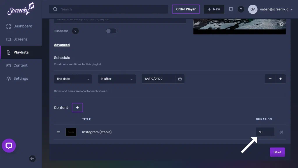 The popup modal to set the duration for the Instagram content in the playlist