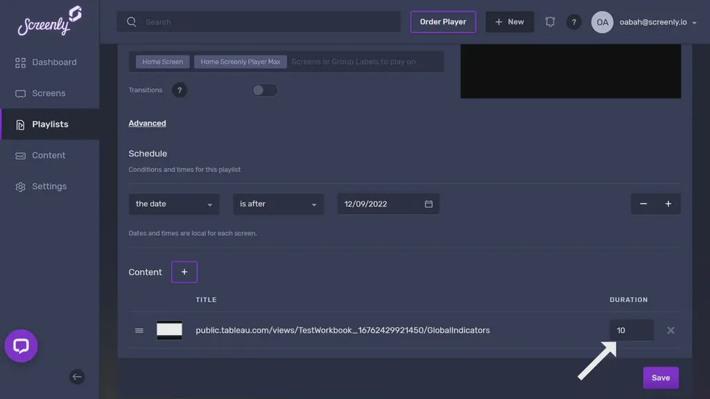 The popup modal to set the duration for the Tableau dashboard content in the playlist
