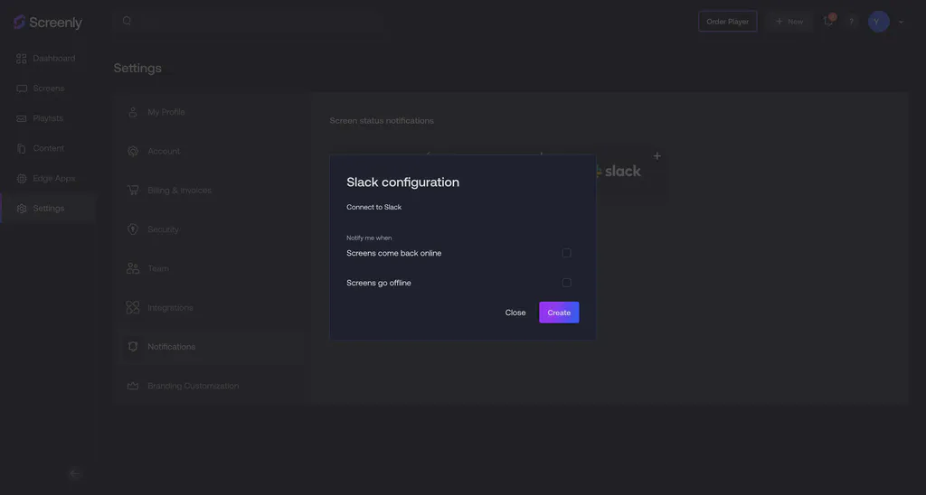 The Slack configuration modal on the Screenly interface.