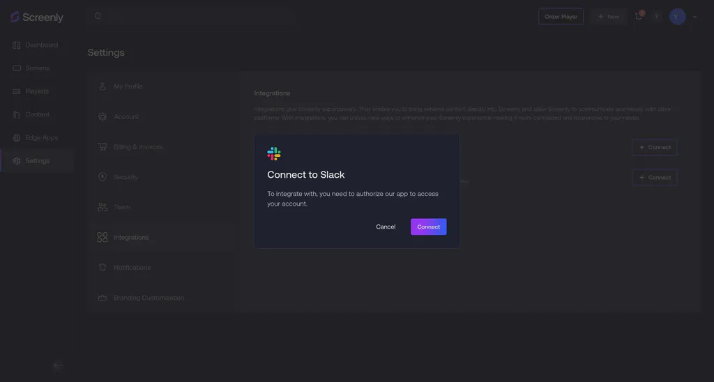 The Slack connection modal on the Screenly interface.