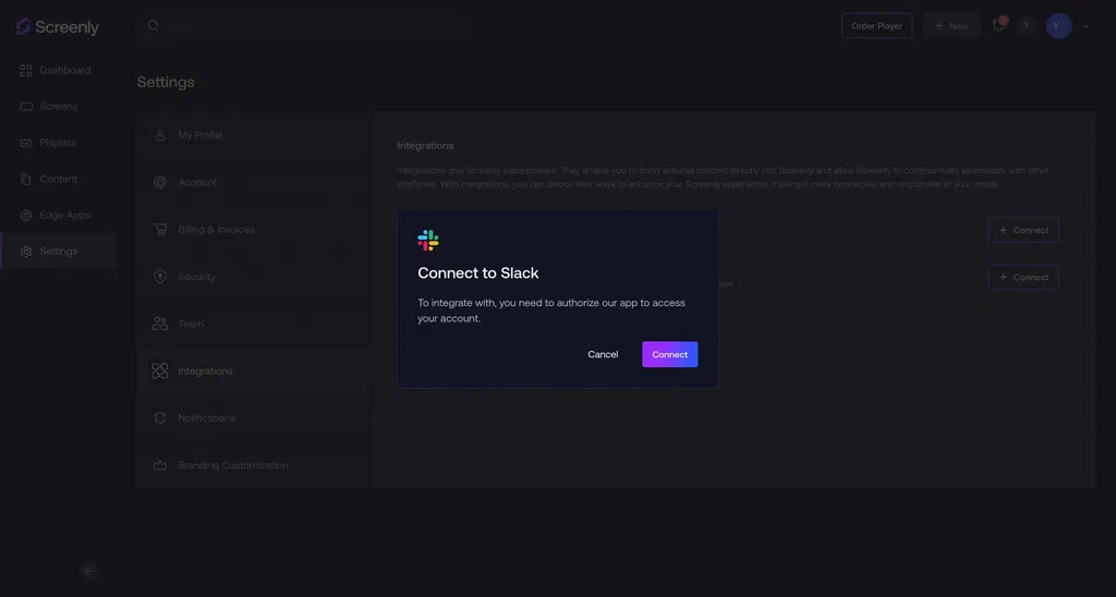 The Slack connection modal on the Screenly interface.