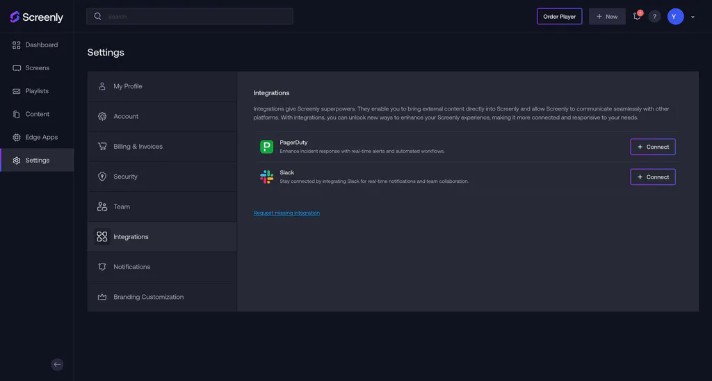 The Slack integrations page on the Screenly interface.