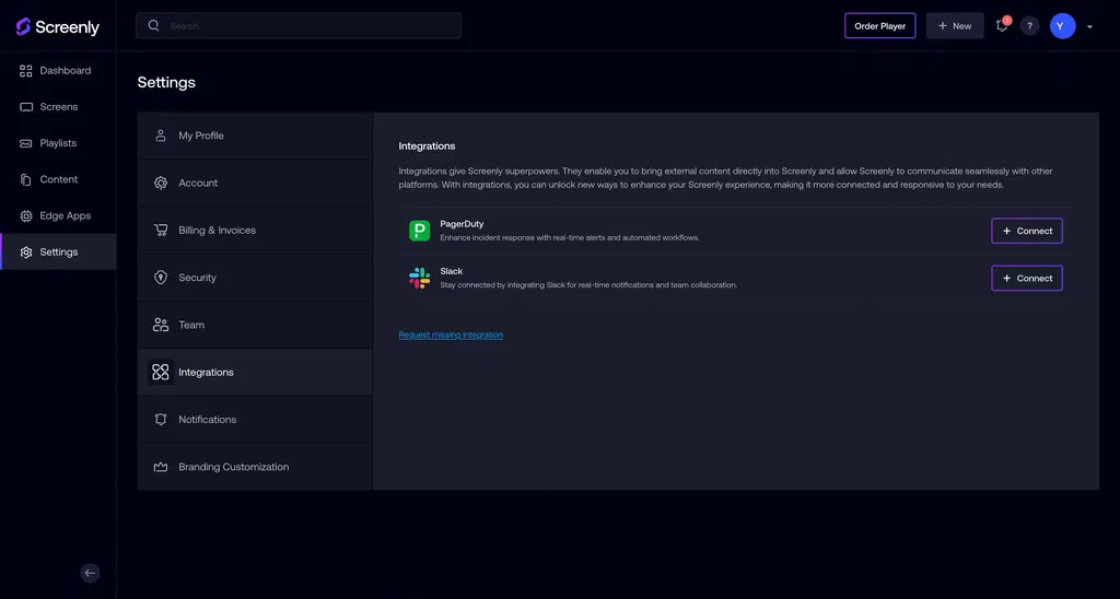 The Slack integrations page on the Screenly interface.