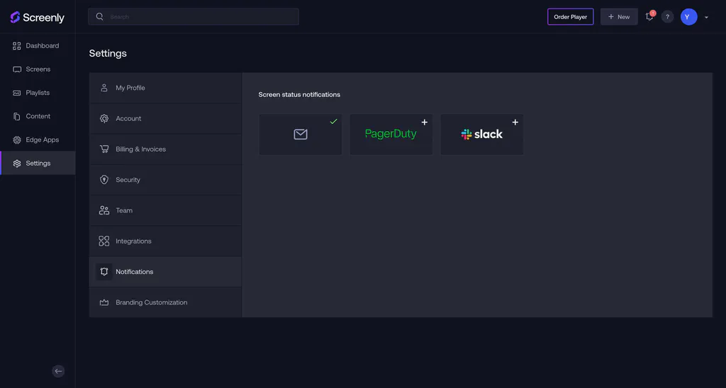The Slack notifications page on the Screenly interface.
