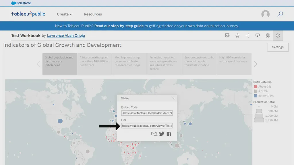 An image showing the Tableau public workbook with a pop-up modal containing the share link