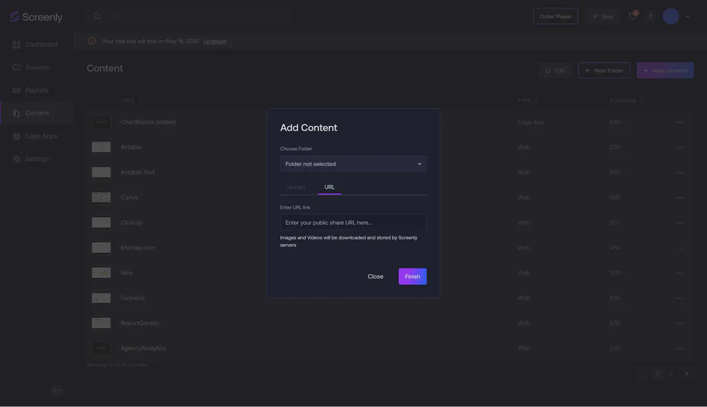 Adding content in the Screenly interface.