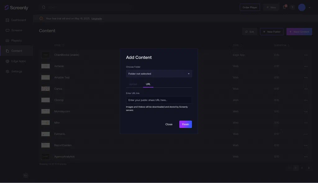 Adding content in the Screenly interface.
