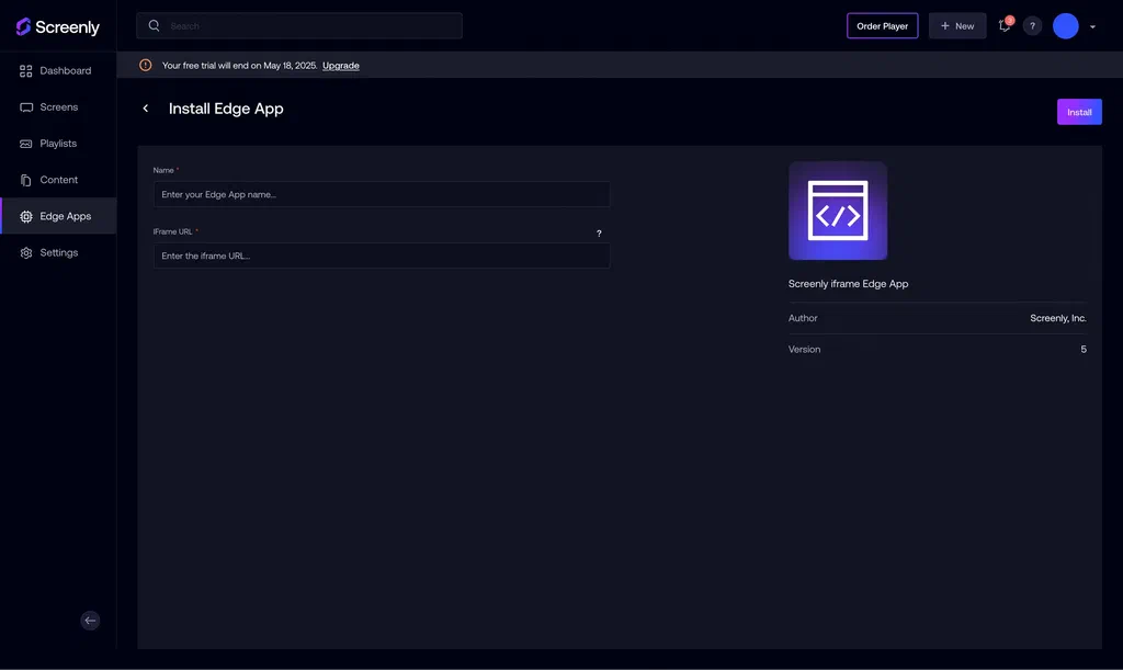 Add an App in the Screenly interface.