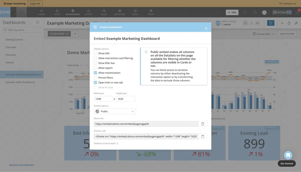 Access your Domo public view share link to display content.