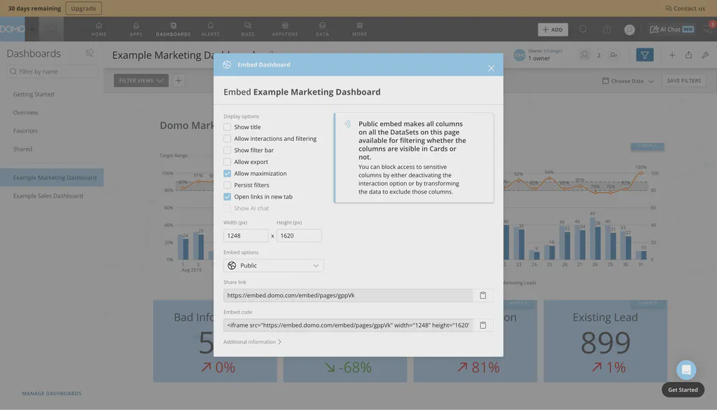 Access your Domo public view share link to display content.